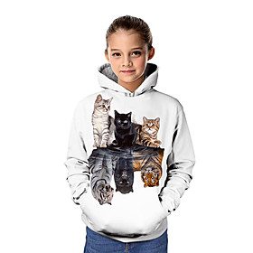 Kids Girls' Hoodie  Sweatshirt Long Sleeve Cat Graphic 3D Animal Print White Children Tops Active