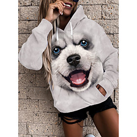 Femme Sweat à capuche Sweat Chien Graphique 3D Poche avant Imprimer du quotidien 3D effet basique Décontractée Pulls Capuche Pulls molletonnés Blanche