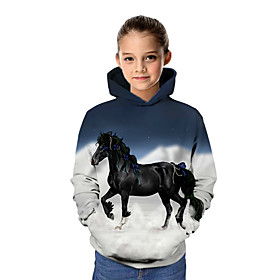 Kids Girls' Hoodie  Sweatshirt Long Sleeve Horse Graphic 3D Animal Print Navy Blue Children Tops Active School