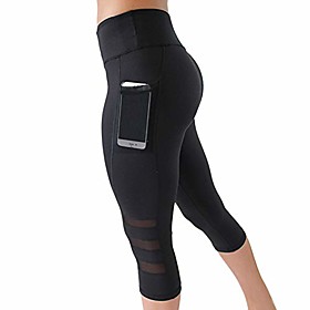 Women's 3/4 Sports Leggings Yoga Trousers Running Fitness Jogging Pants Training Tights with Mobile Phone Case S-XXL - Black - M