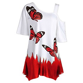 Women Plus Size Butterfly Cold Shoulder T-Shirt Large Size Short Sleeve Tops Blouse