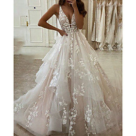 A-Line Wedding Dresses V Neck Floor Length Lace Tulle Sleeveless Country Romantic Plus Size with Appliques 2021
