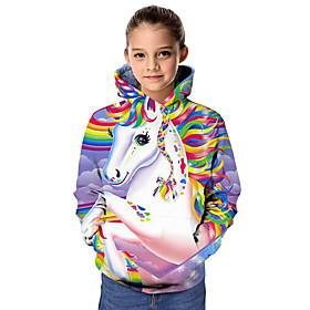 Sweat à capuche et Sweat Fille Enfants Manches Longues Cheval Graphique 3D Animal Imprimé Arc-en-ciel Enfants Hauts Actif