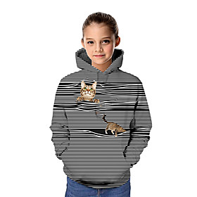 Kids Girls' Hoodie  Sweatshirt Long Sleeve Cat Graphic 3D Animal Print Black Children Tops Active