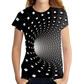 Women's 3D Printed T shirt Graphic Geometric 3D Print Round Neck Basic Tops Black