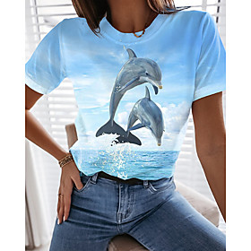 Women's Holiday 3D Printed T shirt Graphic 3D Print Round Neck Basic Beach Tops Blue