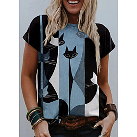 Women's 3D Cat T shirt Cat Graphic Print Round Neck Basic Tops Blue