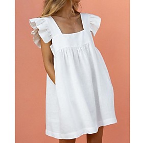 Women's Swing Dress Knee Length Dress Yellow Wine White Black Short Sleeve Solid Color Smocked Ruffle Pocket Spring Summer Square Neck Casual Cap Sleeve Loose