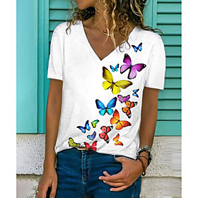 Women's Butterfly T shirt Graphic Butterfly Print V Neck Basic Tops White