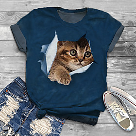 Women's Plus Size Tops T shirt Cat Graphic Animal Print Short Sleeve Crewneck Blue White Black Big Size XL XXL 3XL 4XL 5XL / Holiday