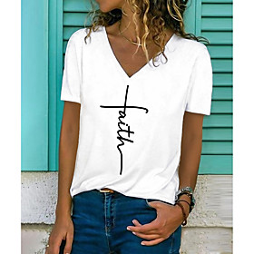 Women's Faith T shirt Letter Print V Neck Basic Casual Tops White