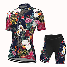 21Grams Women's Short Sleeve Cycling Jersey with Shorts Summer Spandex Polyester Black Blue Floral Botanical Bike Clothing Suit 3D Pad Quick Dry Moisture Wicki