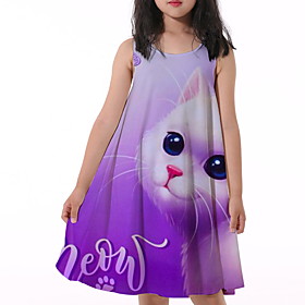 Kids Little Girls' Dress Cat Animal Print Purple Knee-length Sleeveless Flower Active Dresses Summer Regular Fit 5-12 Years