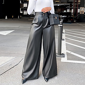 Women's Stylish Streetwear Comfort Casual Work Wide Leg Pants Plain Full Length Black