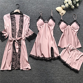 Women's Daily Imitated Silk Pajamas Strap Loungewear Cat Short Sleeves 4-Piece Fall Belt Included Solid Color M Blushing Pink