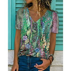 Women's Floral Theme Abstract Geometric T shirt Floral Graphic Print V Neck Basic Tops Purple Yellow Green