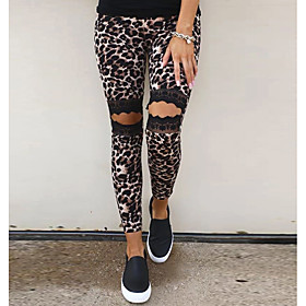 Women's Stylish Streetwear Comfort Daily Going out Skinny Pants Geometric Leopard Ankle-Length Elastic Waist Hole Brown