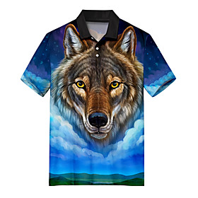Men's Golf Shirt 3D Print Wolf Animal Button-Down Print Short Sleeve Casual Tops Casual Fashion Soft Breathable Blue / Sports