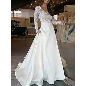 V Neck Sweep / Brush Train Lace Satin Long Sleeve Country Formal Romantic with Appliques 2021