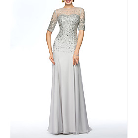Sheath / Column Mother of the Bride Dress Elegant Jewel Neck Floor Length Chiffon Lace Half Sleeve with Beading Appliques 2021