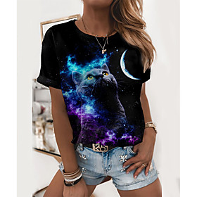 Women's 3D Cat T shirt Galaxy Cat Graphic Print Round Neck Basic Tops Black