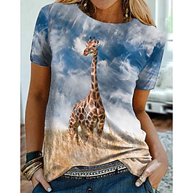 Women's 3D Printed Painting T shirt Graphic 3D Giraffe Print Round Neck Basic Tops Blue
