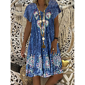 Women's A Line Dress Knee Length Dress Blue Short Sleeve Print Print Spring Summer V Neck Elegant Casual 2021 S M L XL XXL