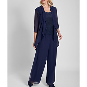 Pantsuit / Jumpsuit Mother of the Bride Dress Elegant Jewel Neck Floor Length Chiffon Lace 3/4 Length Sleeve with Appliques 2021