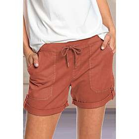 Women's Simple Cute Comfort Casual Daily Shorts Pants Plain Short Drawstring Elastic Waist ArmyGreen Orange