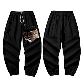 Men's Casual / Sporty Athleisure Daily Sports Harem Loose Jogger Pants Sweatpants Pants Cat Full Length 3D Print Elastic Waist Black