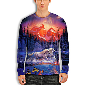 Men's Tees T shirt 3D Print Graphic Prints Horse Animal Print Long Sleeve Daily Tops Casual Designer Big and Tall Blue