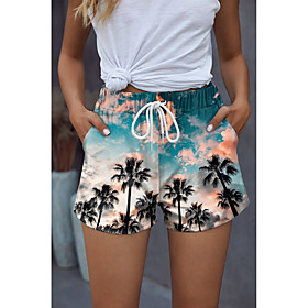 Women's Stylish Basic Comfort Beach Weekend Active Pajamas Pants Leaf Landscape Short Sporty Elastic Drawstring Design Print Blue