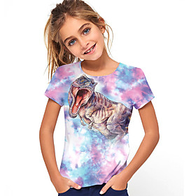 Kids Girls' T shirt Short Sleeve Dinosaur Animal Print Blushing Pink Children Tops Summer Active Cool Daily Wear Regular Fit 4-12 Years