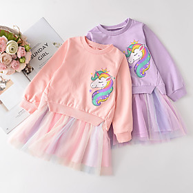 Kids Little Girls' Dress Horse Animal Tulle Dress Mesh Patchwork Print Purple Blushing Pink Above Knee Long Sleeve Cute Dresses Slim