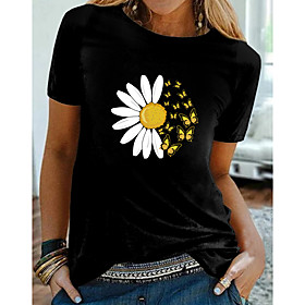 Women's Going out Daisy T shirt Graphic Butterfly Daisy Print Round Neck Basic Tops 100% Cotton Black