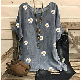 Women's Plus Size Blouse Shirt Floral Holiday Flower Print Round Neck Boho Tops Wine Green Gray / Sunflower