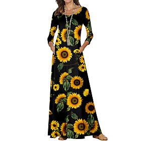 Women's Sheath Dress Maxi long Dress Black Yellow Long Sleeve Floral Color Block Print Fall Spring Round Neck Casual 2021 S M L XL XXL 3XL