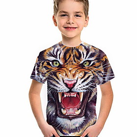 Kids Boys' T shirt Tee Short Sleeve Tiger Animal 3D Print Brown Children Tops Summer Active Streetwear Cool Daily Wear Regular Fit 3-12 Years