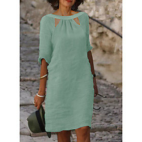 Women's Shift Dress Knee Length Dress Light Green Half Sleeve Solid Color Spring Summer Round Neck Elegant Casual Cotton 2021 S M L XL XXL 3XL