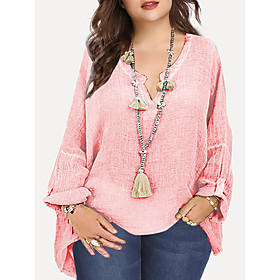 Women's Plus Size Tops Blouse Plain Long Sleeve V Neck Basic Blushing Pink Green Big Size L XL 2XL 3XL / Cotton / Cotton