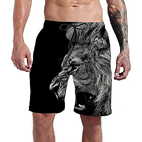 Men's Casual Athleisure Daily Holiday Shorts Pants Lion 3D Print Short Drawstring Pocket Elastic Drawstring Design Black