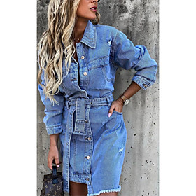 Women's Denim Dress Knee Length Dress Blue Long Sleeve Solid Color Patchwork Summer Shirt Collar Casual 2021 M L XL XXL