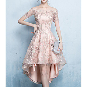 A-Line Off Shoulder Asymmetrical / Tea Length Tulle Bridesmaid Dress with Lace / Appliques / High Low