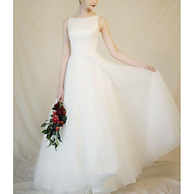 A-Line Wedding Dresses Jewel Neck Floor Length Lace Tulle Sleeveless Simple with Bow(s) 2021