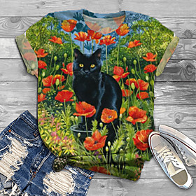 Women's Plus Size Tops T shirt Cat Graphic Animal Print Short Sleeve Crewneck Green Big Size XL XXL 3XL 4XL 5XL / Holiday