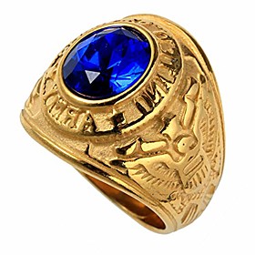 pamtier men's stainless steel us army veteran hawk eagle ring with oval cz gemstone gold blue size 7
