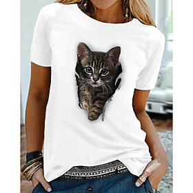 Women's T shirt Cat Graphic 3D Print Round Neck Tops 100% Cotton Basic Basic Top White Black