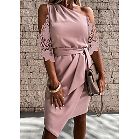 Women's Sheath Dress Knee Length Dress Blushing Pink Gray Black Half Sleeve Solid Color Lace Patchwork Spring Summer cold shoulder Work Elegant Casual 2021 S M