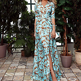 Women's Sheath Dress Maxi long Dress Blue Half Sleeve Print Split Print Spring Summer V Neck Elegant 2021 S M L XL