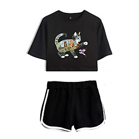 Women's Basic Streetwear Cat Butterfly Animal Vacation Casual / Daily Two Piece Set Crop Top Tracksuit T shirt Loungewear Shorts Print Tops